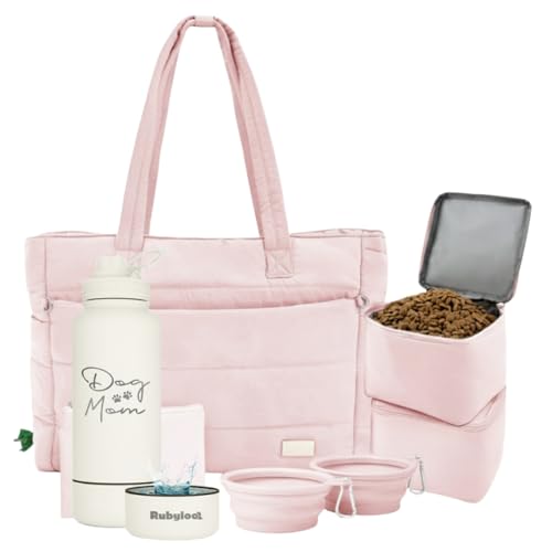 Rubyloo Dog Mom Essentials Bundle - Puffer Tote with Storage Containers (Pink) and 32 oz Water Bottle with Detachable Bowl (Dog Mom) - Travel Bag and Hydration Set