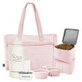 Rubyloo Dog Mom Essentials Bundle - Puffer Tote with Storage Containers (Pink) and 32 oz Water Bottle with Detachable Bowl (Dog Mom) - Travel Bag and Hydration Set