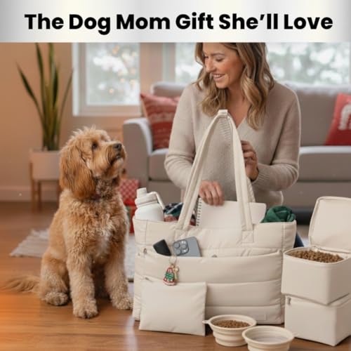 Rubyloo Dog Mom Essentials Bundle - Puffer Tote with Storage Containers (Pink) and 32 oz Water Bottle with Detachable Bowl (Dog Mom) - Travel Bag and Hydration Set