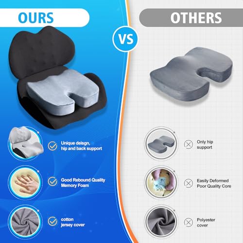 X Large Memory Foam Seat Cushion Lumbar Support Pillow for Sciatica & Tailbone Pressure Relief Coccyx Pad for Office Chair, Car,Wheelchair,Home,Office