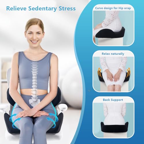 X Large Memory Foam Seat Cushion Lumbar Support Pillow for Sciatica & Tailbone Pressure Relief Coccyx Pad for Office Chair, Car,Wheelchair,Home,Office