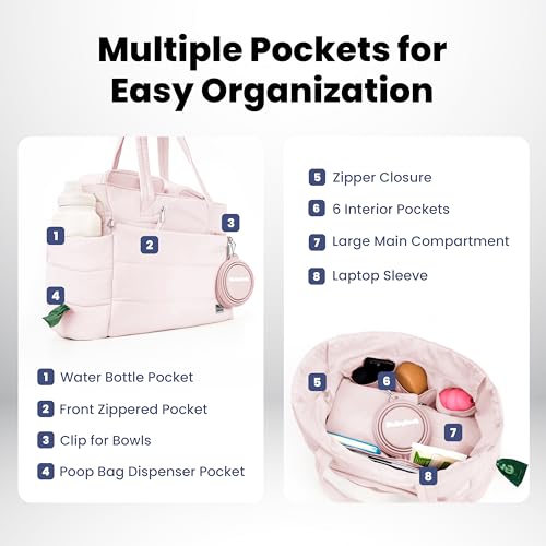 Rubyloo Dog Mom Essentials Bundle - Puffer Tote with Storage Containers (Pink) and 32 oz Water Bottle with Detachable Bowl (Dog Mom) - Travel Bag and Hydration Set