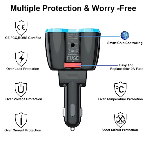 Cigarette Lighter Splitter: USB C 12V Car Charger Adapter 2 Socket Type C Multi 12 Volt Power Outlet 24V DC 80W with LED Voltmeter Switch 6.3A Dual USB Port for Mobile Cell Phone GPS Dash Cam