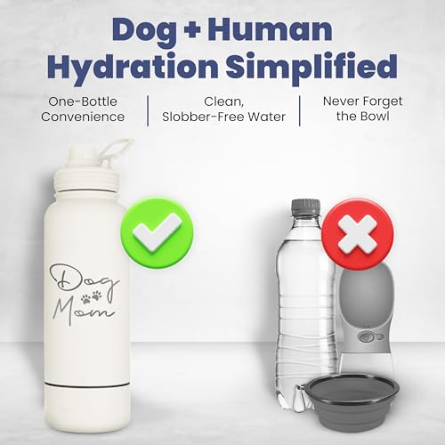 Rubyloo Dog Mom Essentials Bundle - Puffer Tote with Storage Containers (Pink) and 32 oz Water Bottle with Detachable Bowl (Dog Mom) - Travel Bag and Hydration Set