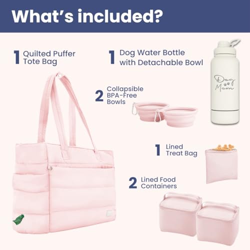 Rubyloo Dog Mom Essentials Bundle - Puffer Tote with Storage Containers (Pink) and 32 oz Water Bottle with Detachable Bowl (Dog Mom) - Travel Bag and Hydration Set