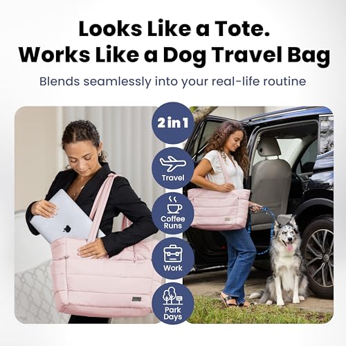 Rubyloo Dog Mom Essentials Bundle - Puffer Tote with Storage Containers (Pink) and 32 oz Water Bottle with Detachable Bowl (Dog Mom) - Travel Bag and Hydration Set