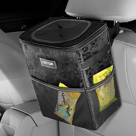 HOTOR Car Trash Can with Lid and Storage Pockets - 100% Leak-Proof Organizer, Waterproof Garbage Can, Multipurpose Trash Bin for Car