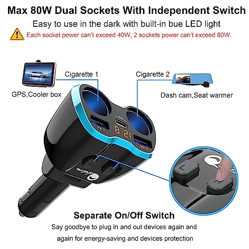 Cigarette Lighter Splitter: USB C 12V Car Charger Adapter 2 Socket Type C Multi 12 Volt Power Outlet 24V DC 80W with LED Voltmeter Switch 6.3A Dual USB Port for Mobile Cell Phone GPS Dash Cam