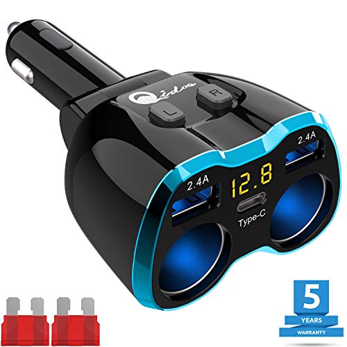 Cigarette Lighter Splitter: USB C 12V Car Charger Adapter 2 Socket Type C Multi 12 Volt Power Outlet 24V DC 80W with LED Voltmeter Switch 6.3A Dual USB Port for Mobile Cell Phone GPS Dash Cam