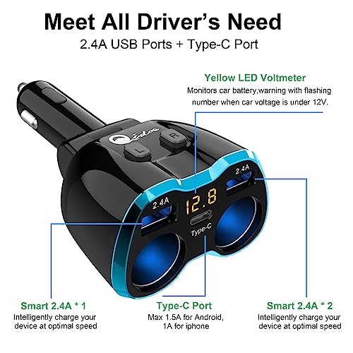 Cigarette Lighter Splitter: USB C 12V Car Charger Adapter 2 Socket Type C Multi 12 Volt Power Outlet 24V DC 80W with LED Voltmeter Switch 6.3A Dual USB Port for Mobile Cell Phone GPS Dash Cam