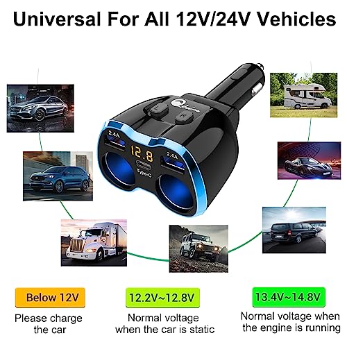 Cigarette Lighter Splitter: USB C 12V Car Charger Adapter 2 Socket Type C Multi 12 Volt Power Outlet 24V DC 80W with LED Voltmeter Switch 6.3A Dual USB Port for Mobile Cell Phone GPS Dash Cam