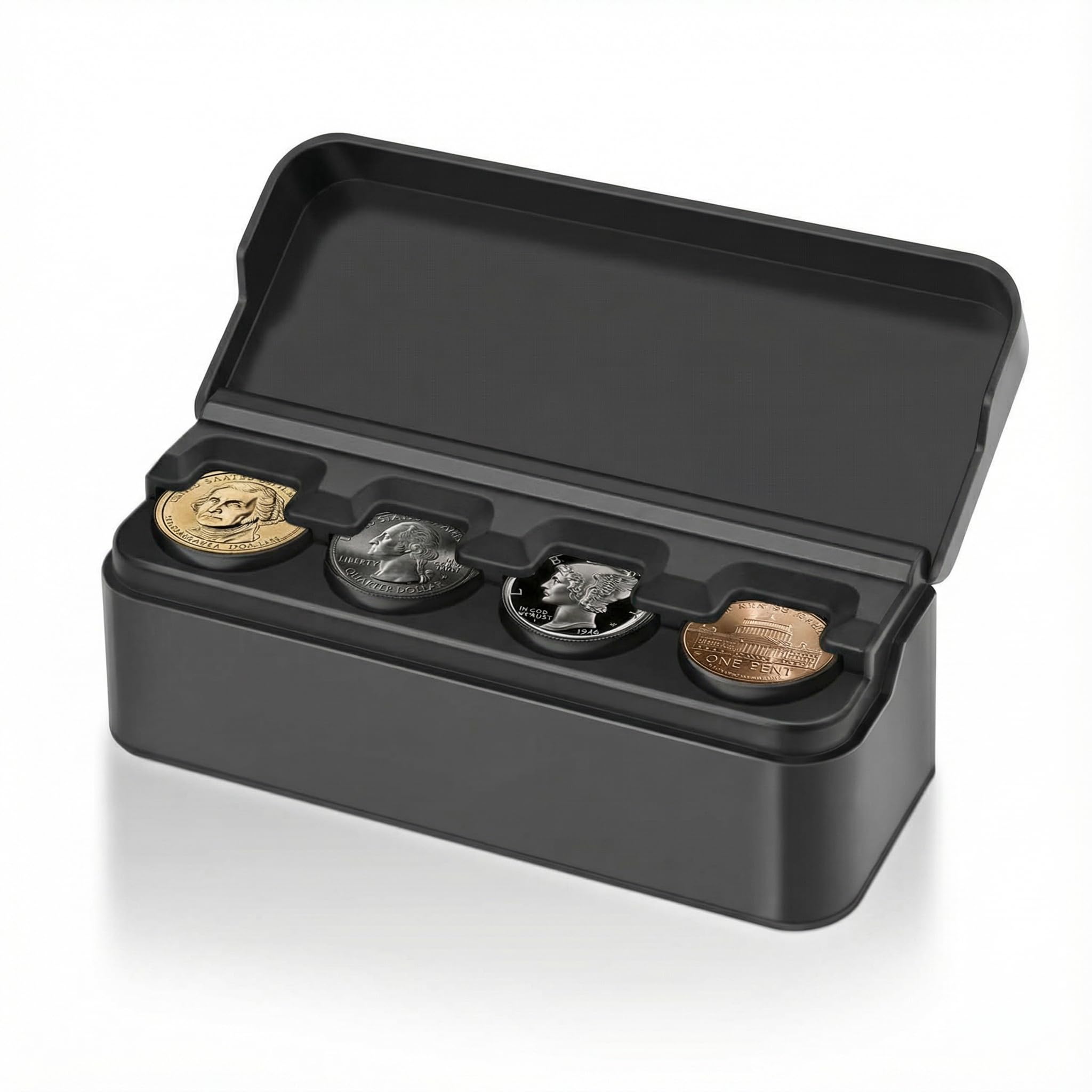 Loniyhu Compact Car Coin Organizer - 4 Compartment Change Holder for Taxi, SUV, Truck - Auto Clamping Coin Case for Quarters, Dimes & Dollars
