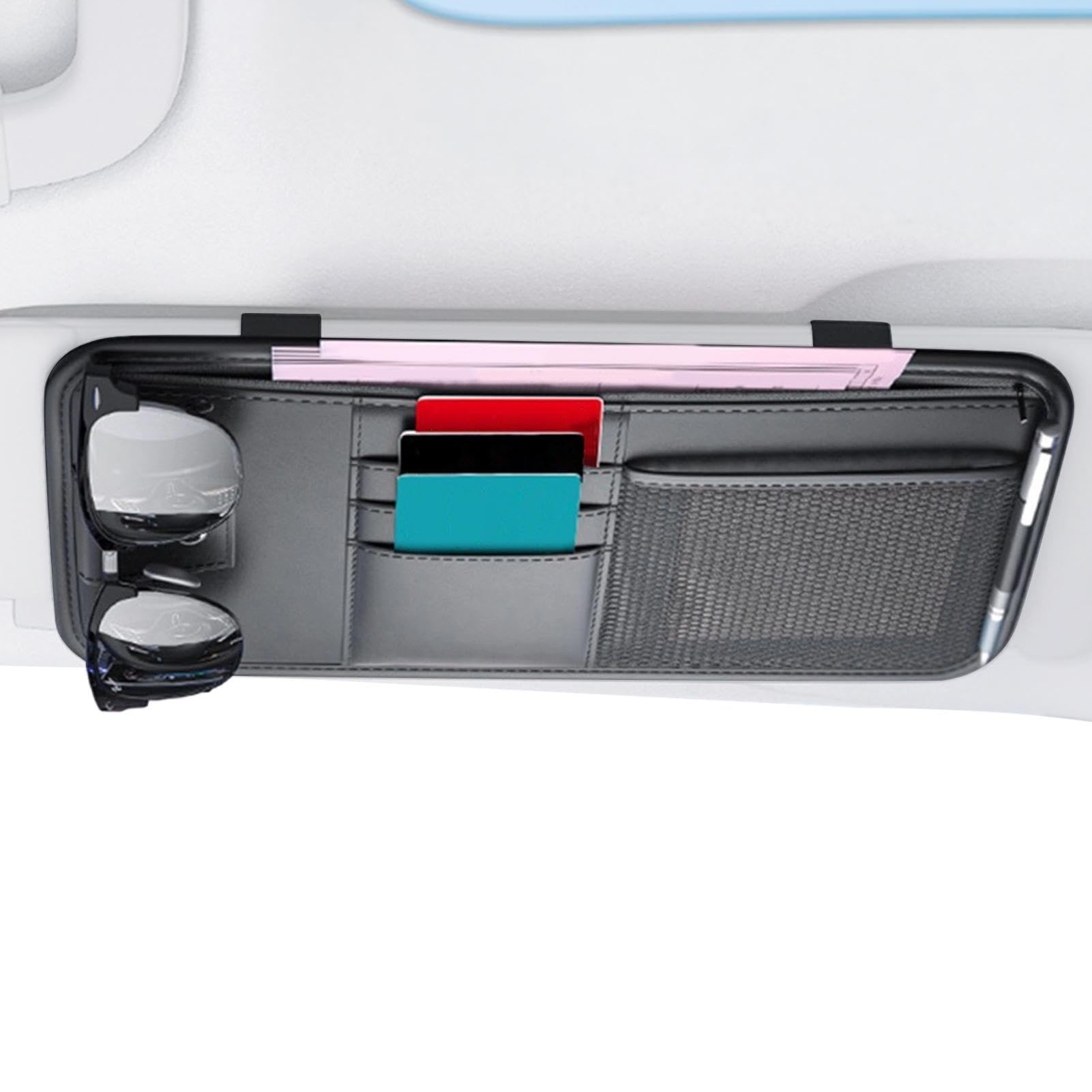 Car Sun Visor Organizer, Multi Compartment, 32.5x16.5cm, Auto Storage Pouch, Vehicle Visor Document Holder, Efficient Car Interior Organizer, for Cards Pen Sunglasses License Insurance Sedan Truck