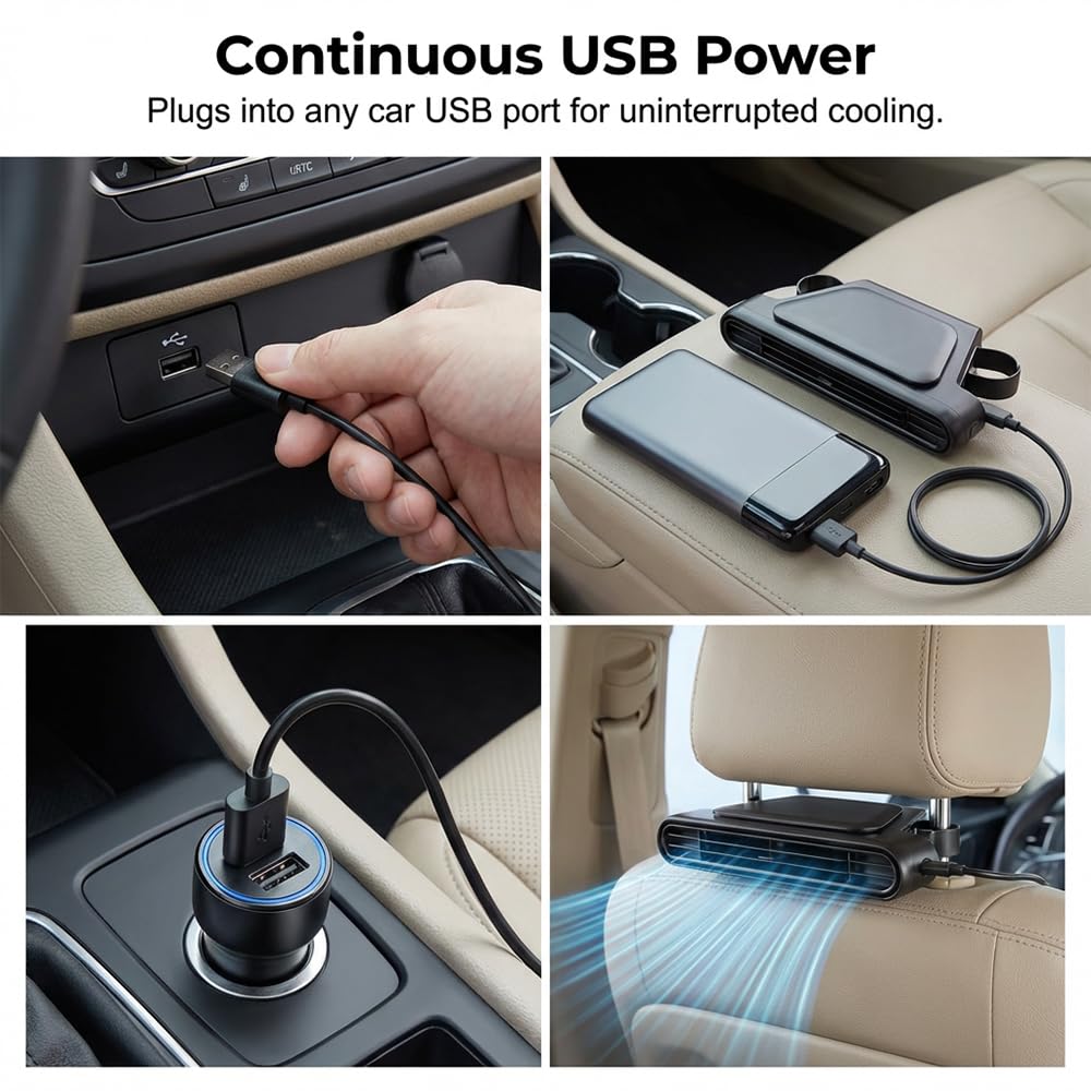 2026 New Portable Car Seat Fan, USB Back Cooling Fan for Driver & Backseat, Headrest Fan for SUV, Sedan, Trucks, Car Accessories for Summer Driving
