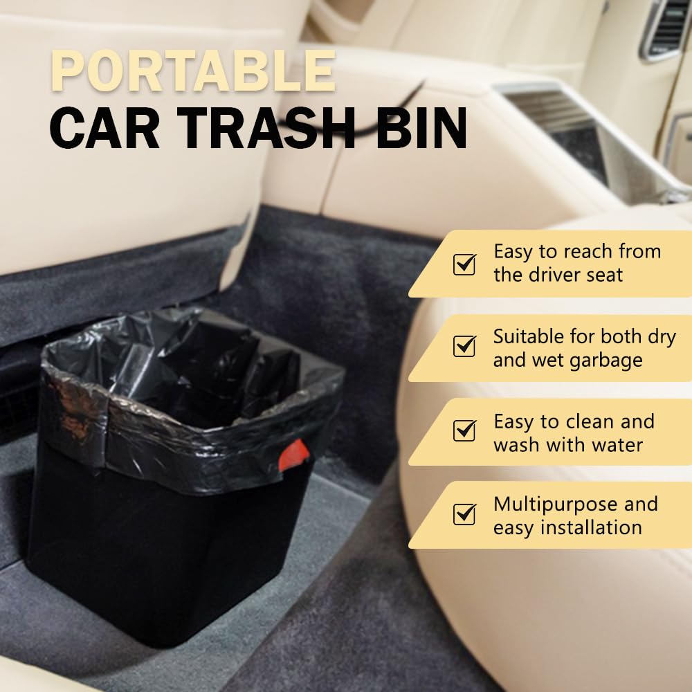 HAUSSIMPLE Car Trash Can Waterproof Vehicle Garbage Bin, Leakproof Anti Slip Floor Mat Clip Trash Bag Holder for Car, Truck, SUV, Van Portable Auto Trash Container with Stability Clips