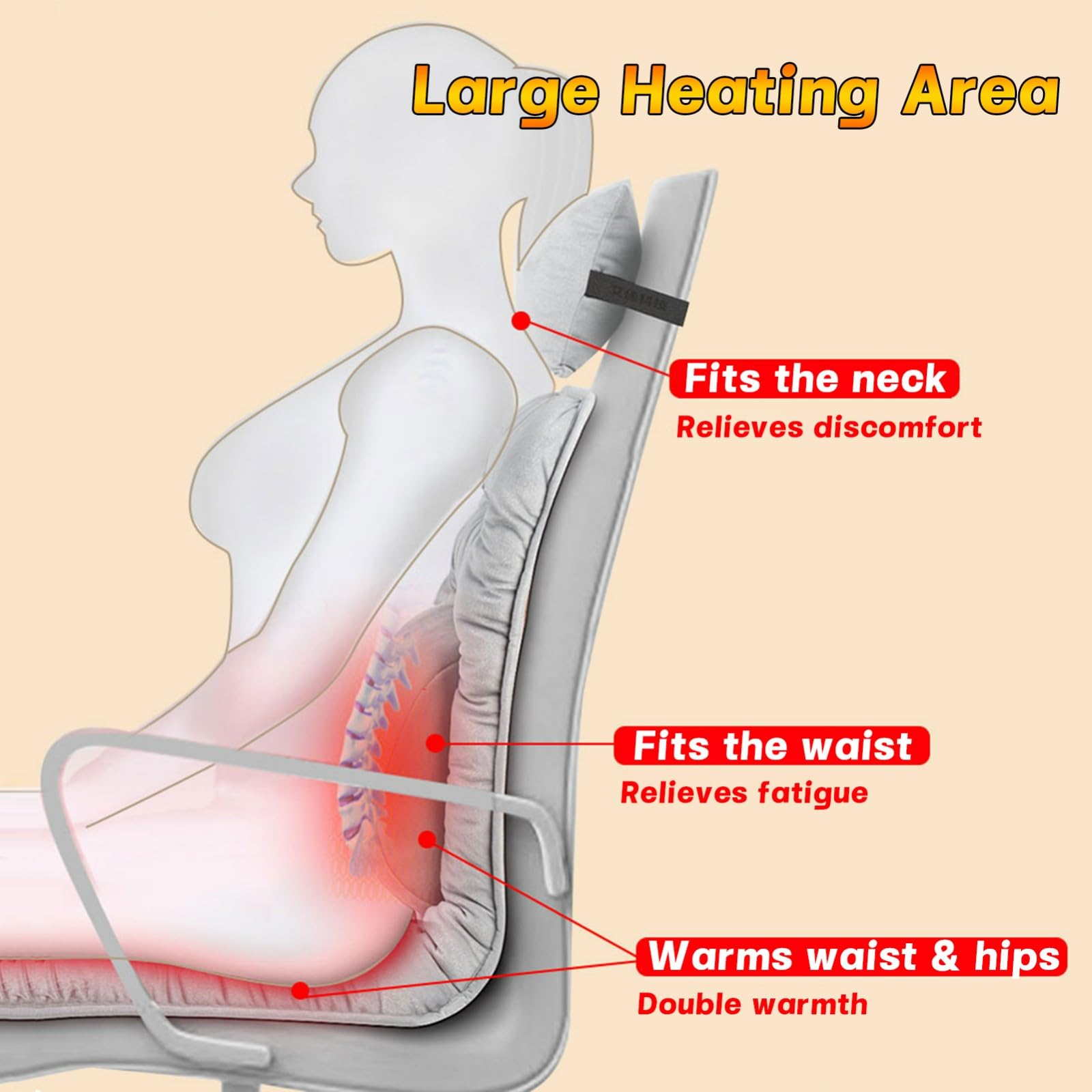 Heated Seat Cushion for Office Chair, with Headrest & Lumbar Support Heated Seat Pad, 3 Temperatures Levels Large Heating Area Heated Seat Cover for Chair, Sofa, Couch(Gray,Large)