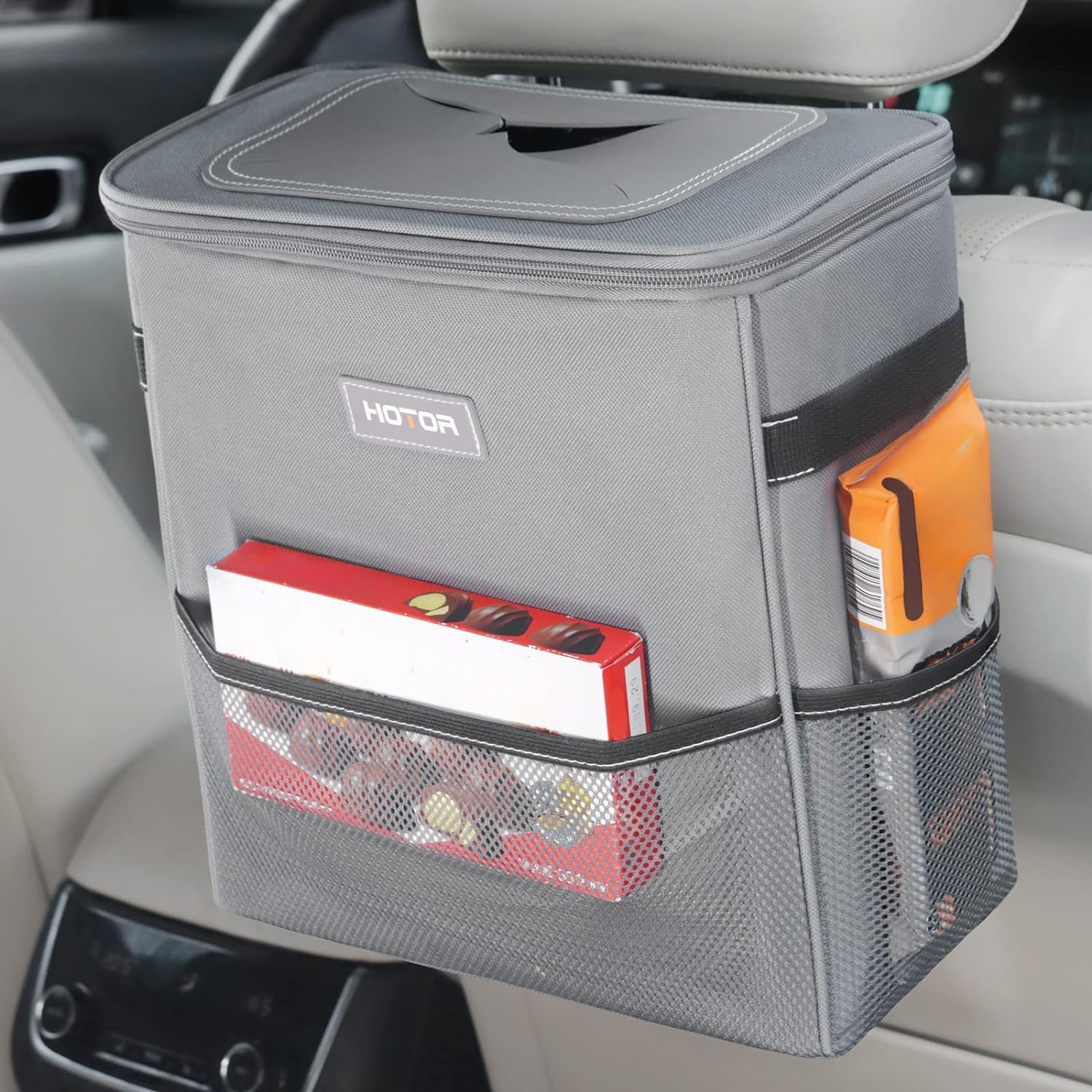 HOTOR Car Trash Can with Lid and Storage Pockets - 100% Leak-Proof Organizer, Waterproof Garbage Can, Multipurpose Trash Bin for Car