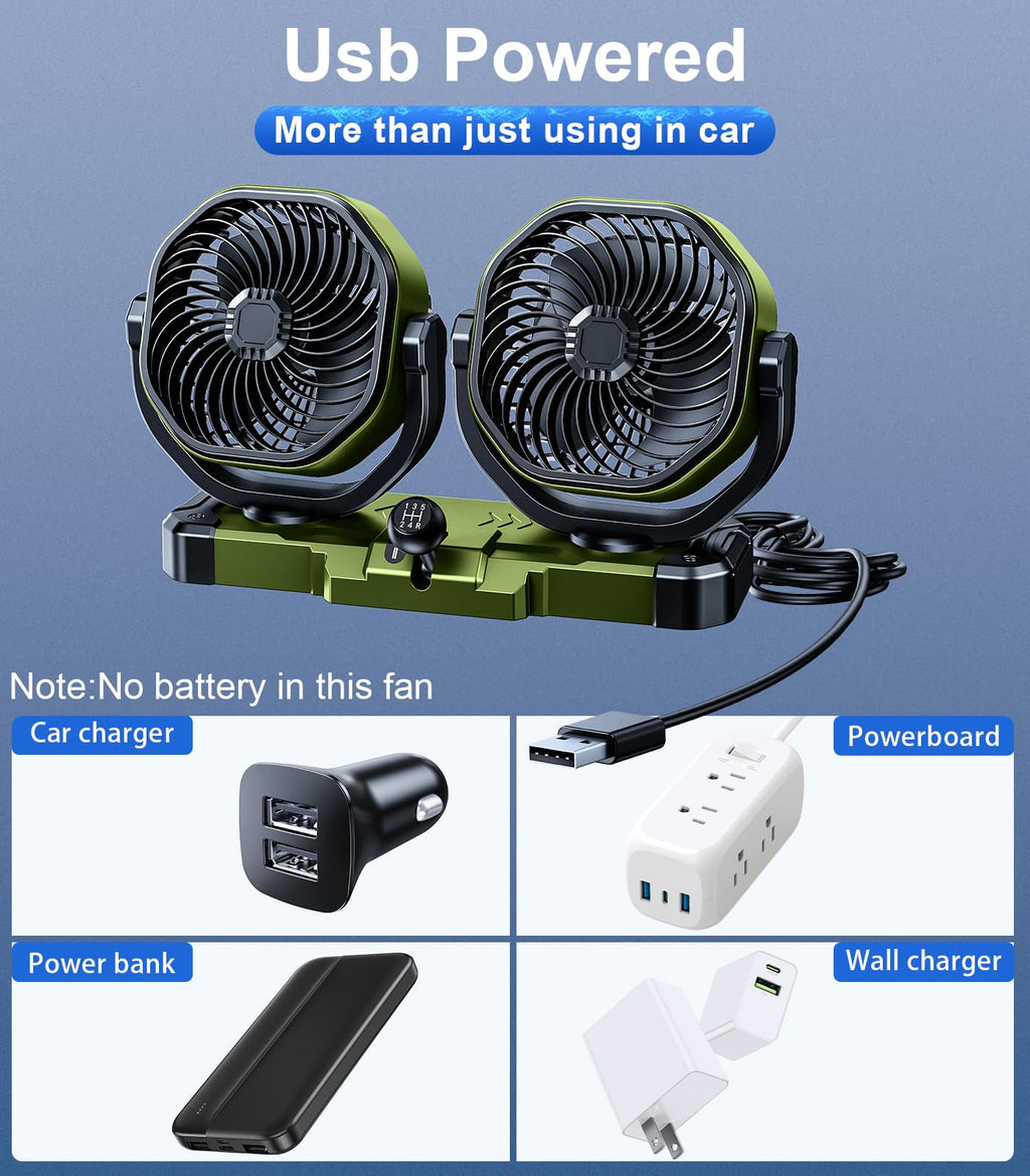 DICMKY Dual Head Car Cooling Fan for Dashboard, DC 5V USB / 12V / 24V Universal Cigarette Lighter Plug Car Fans That Blow Cold Air Cooler for Vehicles Sedan Suv Rv Van Truck Utv Tractor Cab without AC