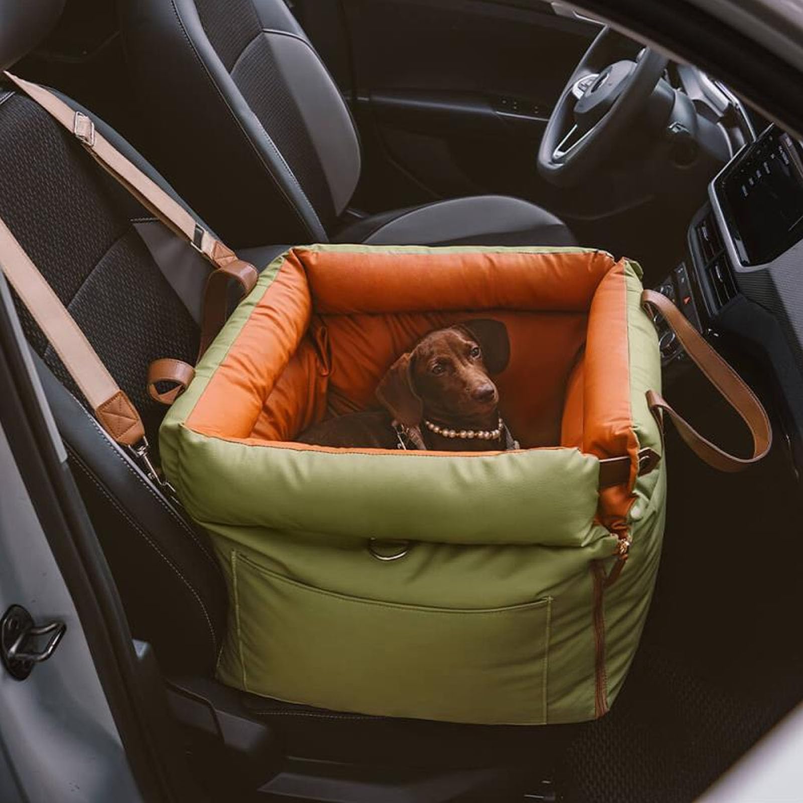 Depisuta Dog Car Seat for Small Dogs, Detachable Washable Soft Pet Booster Seat with Harness and Side Storage Pockets Foldable Portable Carrier Elevated Travel Bed for Kitten Puppy