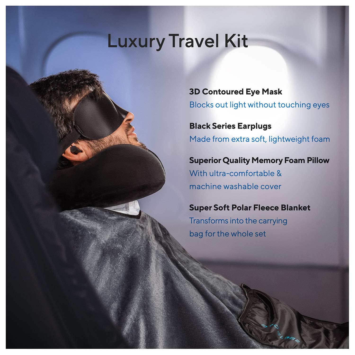 Proglobe Neck Pillow Travel Kit - Neck Pillow for Airplane Travel 100% Pure Memory Foam with Comfortable & Breathable Cover Kit Includes 3D Sleep Mask, Earplugs, and Luxury Blanket and Bag, Black