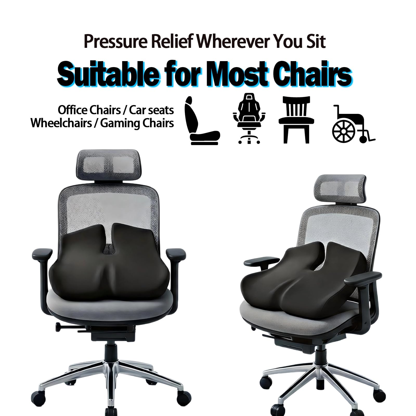 Extra Large Seat Cushion for Sciatica & Tailbone Pain – Pressure Relief Coccyx Cushion for Office Chair, Car Seat, Wheelchair, and Long Sitting – Sciatica Pain Relief Pillow