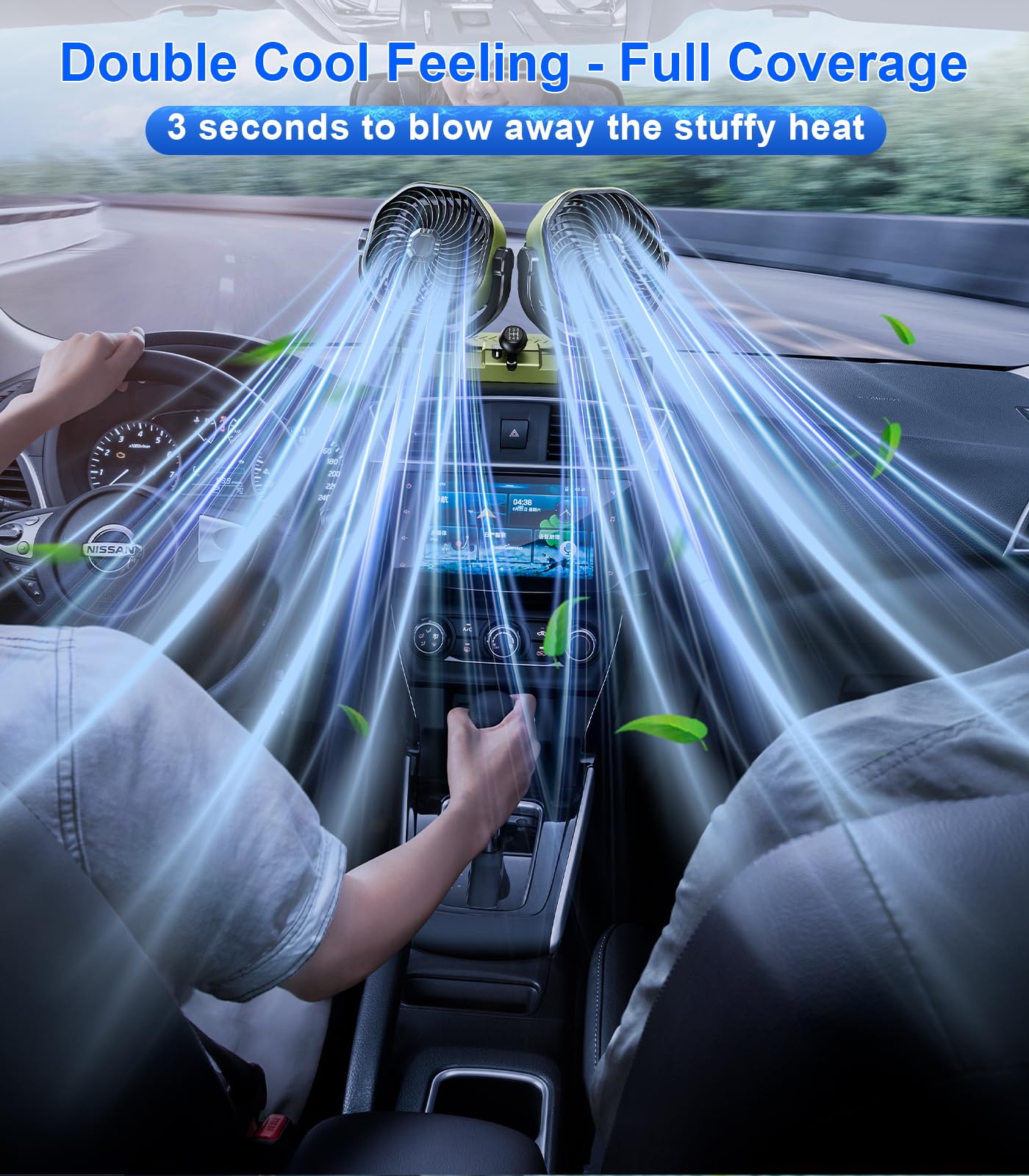 DICMKY Dual Head Car Cooling Fan for Dashboard, DC 5V USB / 12V / 24V Universal Cigarette Lighter Plug Car Fans That Blow Cold Air Cooler for Vehicles Sedan Suv Rv Van Truck Utv Tractor Cab without AC