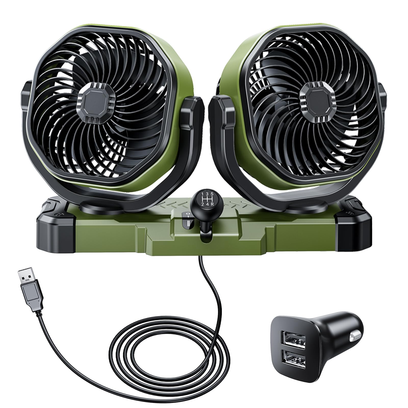 DICMKY Dual Head Car Cooling Fan for Dashboard, DC 5V USB / 12V / 24V Universal Cigarette Lighter Plug Car Fans That Blow Cold Air Cooler for Vehicles Sedan Suv Rv Van Truck Utv Tractor Cab without AC