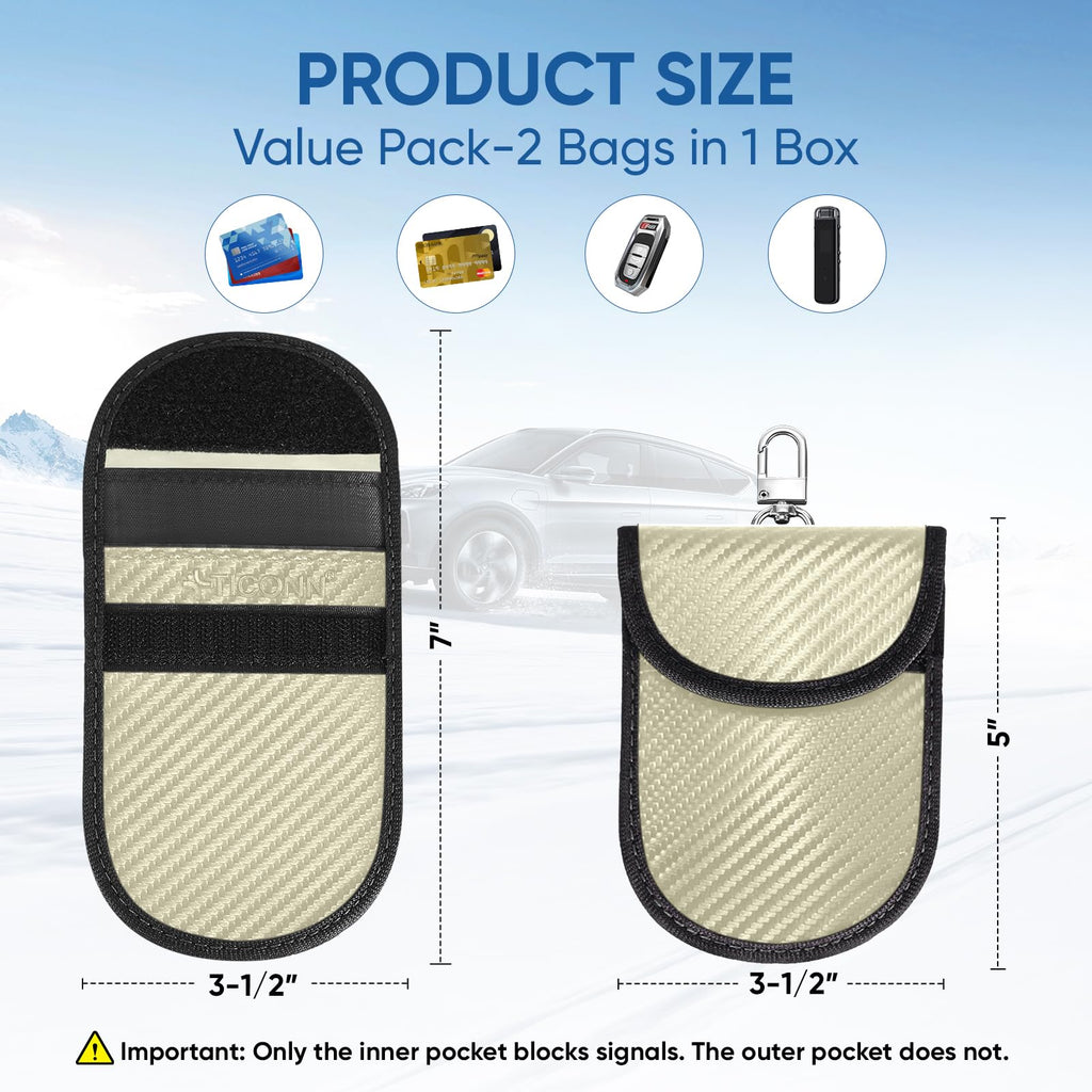 TICONN Faraday Bags for Car Keys Fob, Faraday Cage Protector, Car RFID Signal Blocking, Anti-Theft Pouch Anti-Hacking Case Blocker