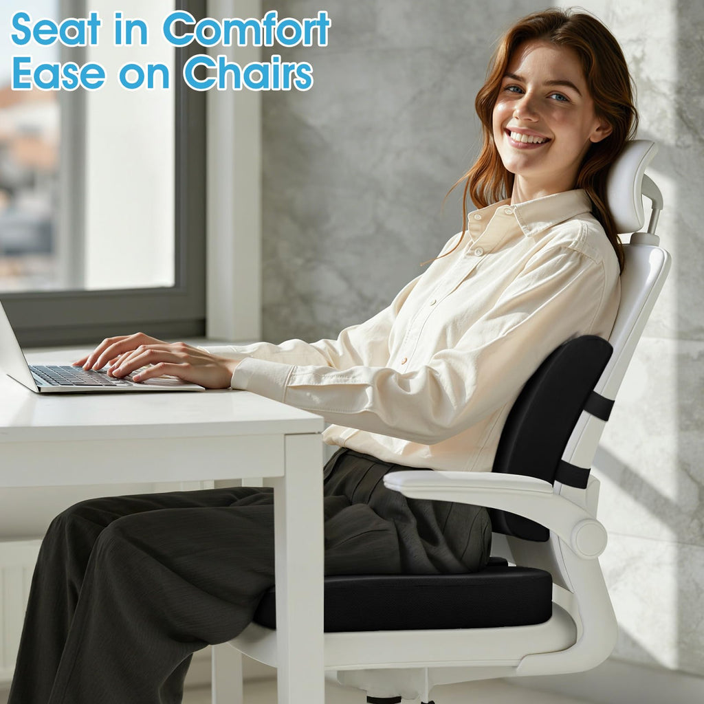 CushZone Ergonomic Seat Cushion & Lumbar Support Pillow - Memory Foam for Sciatica Pain Relief & Posture Correction, Non-Slip Chair Cushions for Office Chair/Car/Travel