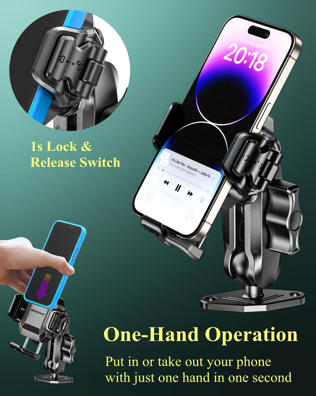 BRCOVAN Anti-Theft Phone Mount Holder with Vibration Dampener, 1s Locking