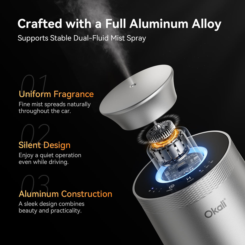 Okali Smart Car Air Fresheners, Support DIY Essential Oil Car Freshener, Strong Fragrance Experience, Auto ON/OFF, Timer Function, Quiet Design, 4000mAh, All-Aluminum Alloy, White Musk & White Tea