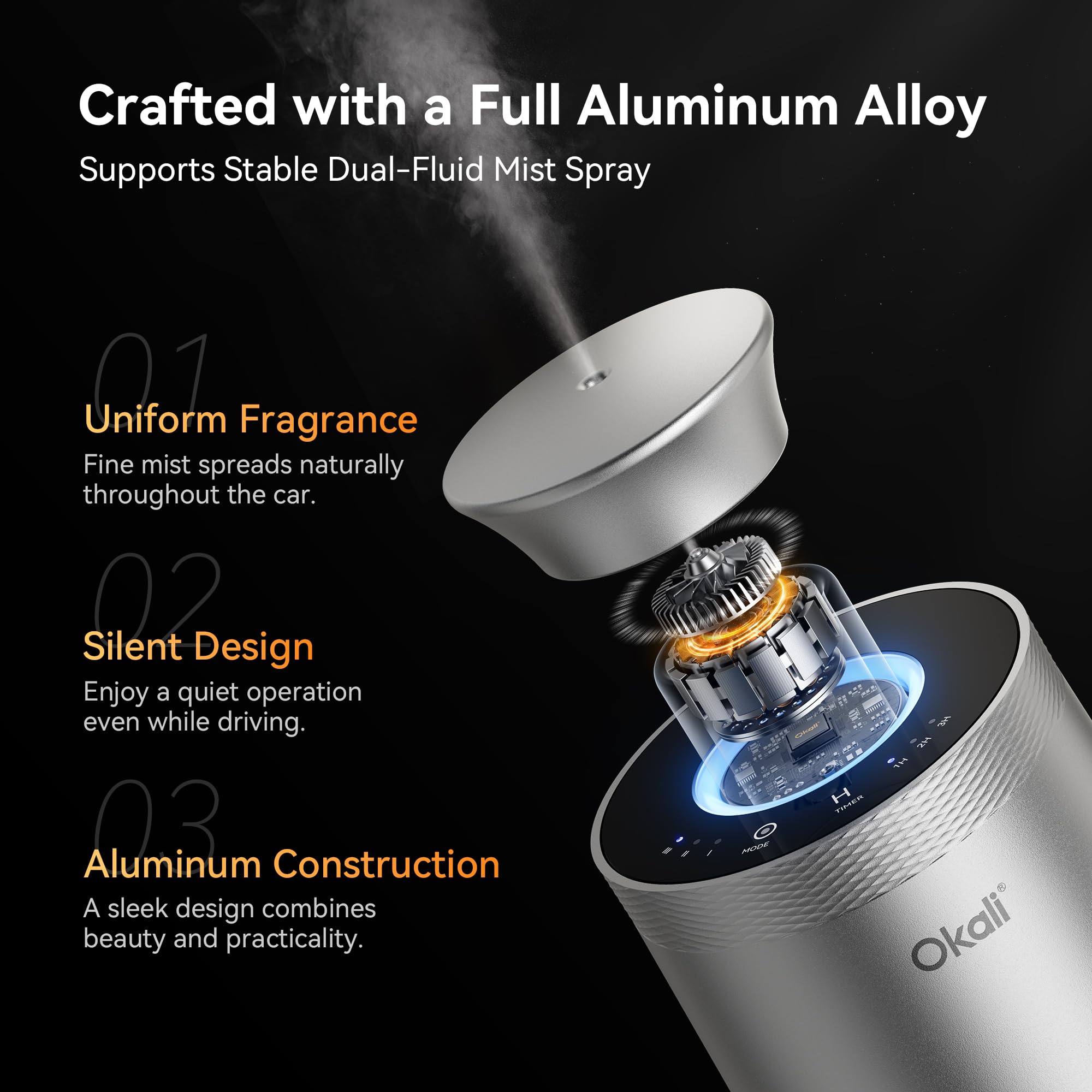 Okali Smart Car Air Fresheners, Support DIY Essential Oil Car Freshener, Strong Fragrance Experience, Auto ON/OFF, Timer Function, Quiet Design, 4000mAh, All-Aluminum Alloy, White Musk & White Tea
