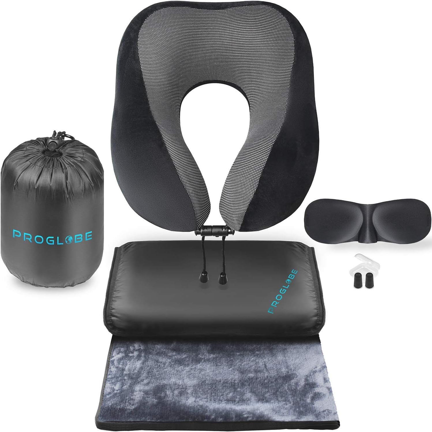 Proglobe Neck Pillow Travel Kit - Neck Pillow for Airplane Travel 100% Pure Memory Foam with Comfortable & Breathable Cover Kit Includes 3D Sleep Mask, Earplugs, and Luxury Blanket and Bag, Black