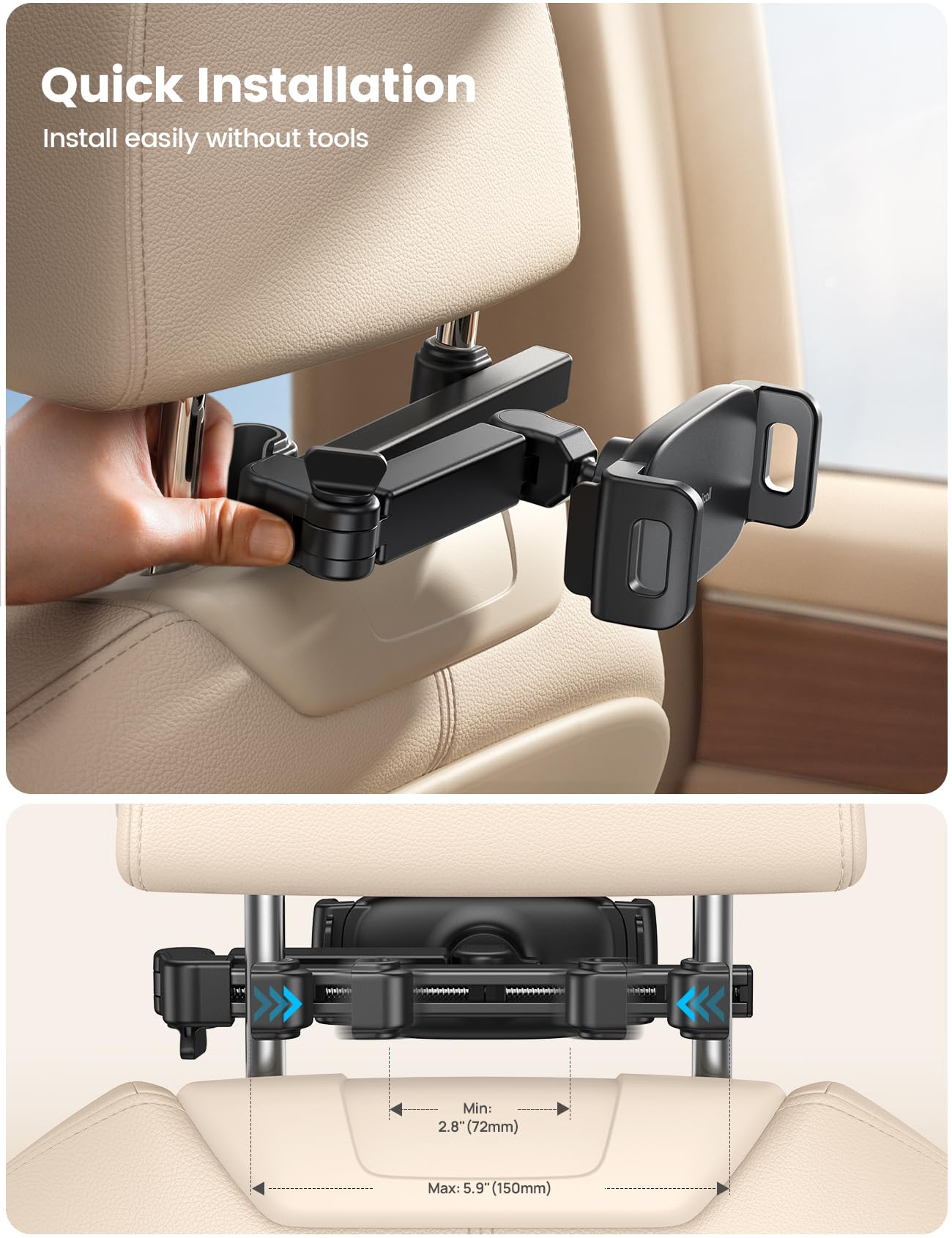 Lamicall Car Headrest Tablet Holder - [3 in 1 Extension Arm] Adjustable Tablet Car Mount for Back Seat, Gifts Road Trip Essentials for Kids, for 4.7-11" Device