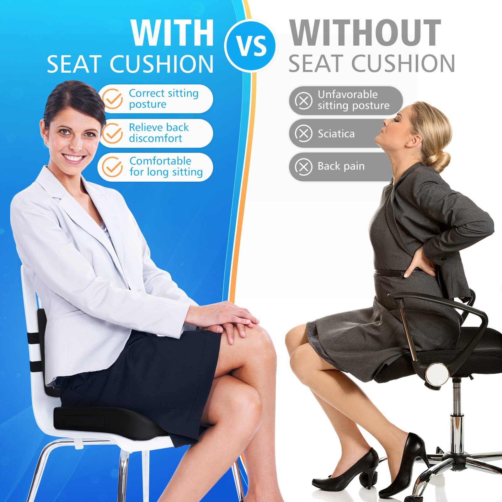 CushZone Ergonomic Seat Cushion & Lumbar Support Pillow - Memory Foam for Sciatica Pain Relief & Posture Correction, Non-Slip Chair Cushions for Office Chair/Car/Travel