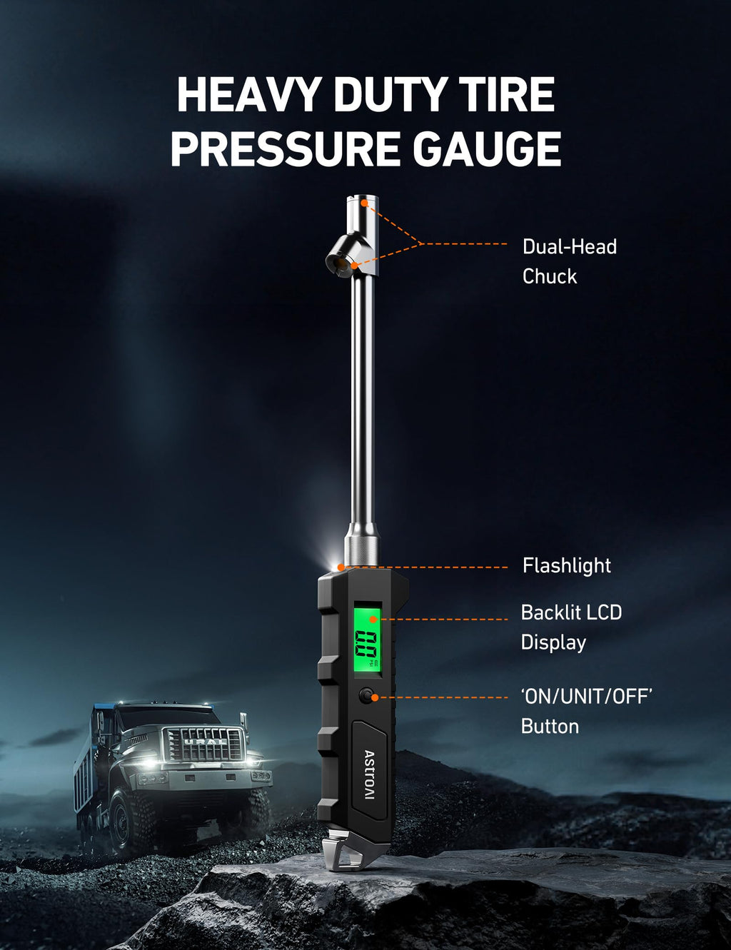 Heavy-Duty Digital Tire Pressure Gauge with Backlit LCD