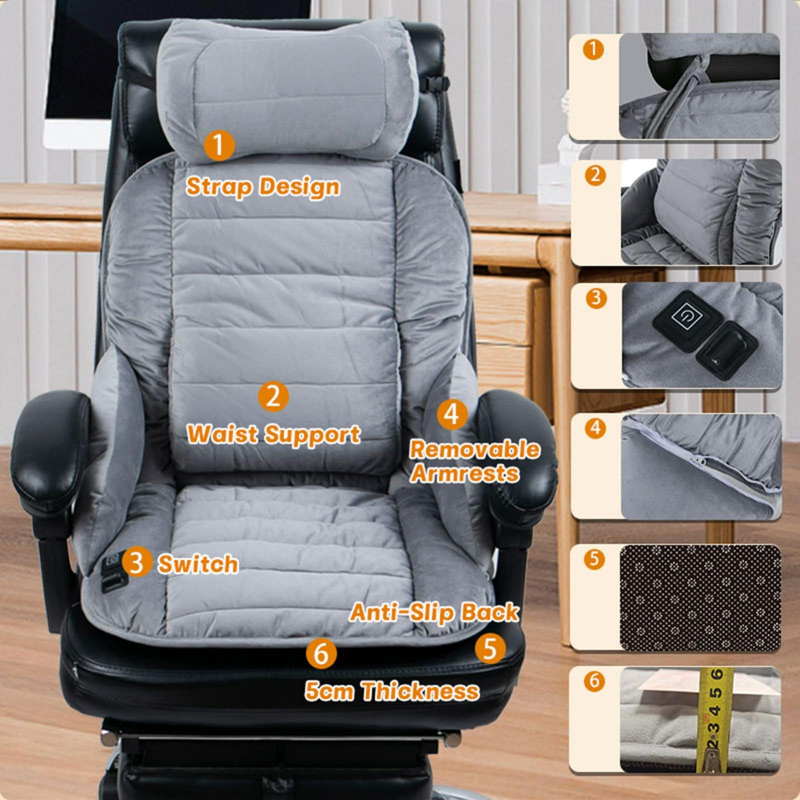 Heated Seat Cushion for Office Chair, with Headrest & Lumbar Support Heated Seat Pad, 3 Temperatures Levels Large Heating Area Heated Seat Cover for Chair, Sofa, Couch(Gray,Large)