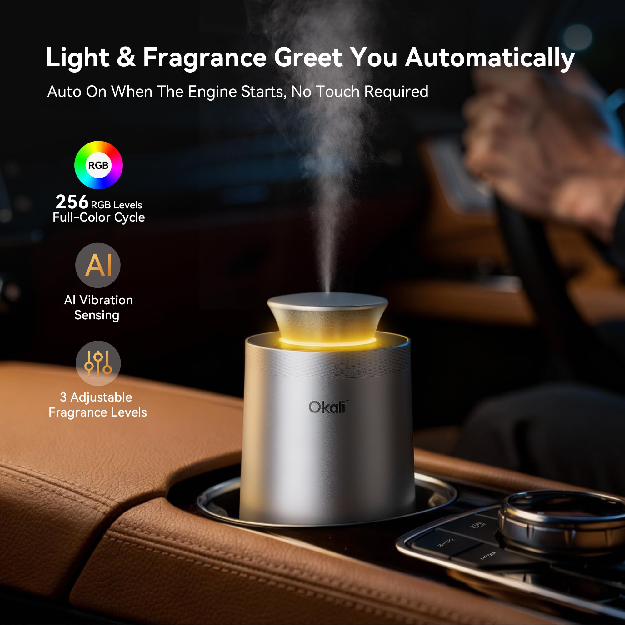 Okali Smart Car Air Fresheners, Support DIY Essential Oil Car Freshener, Strong Fragrance Experience, Auto ON/OFF, Timer Function, Quiet Design, 4000mAh, All-Aluminum Alloy, White Musk & White Tea