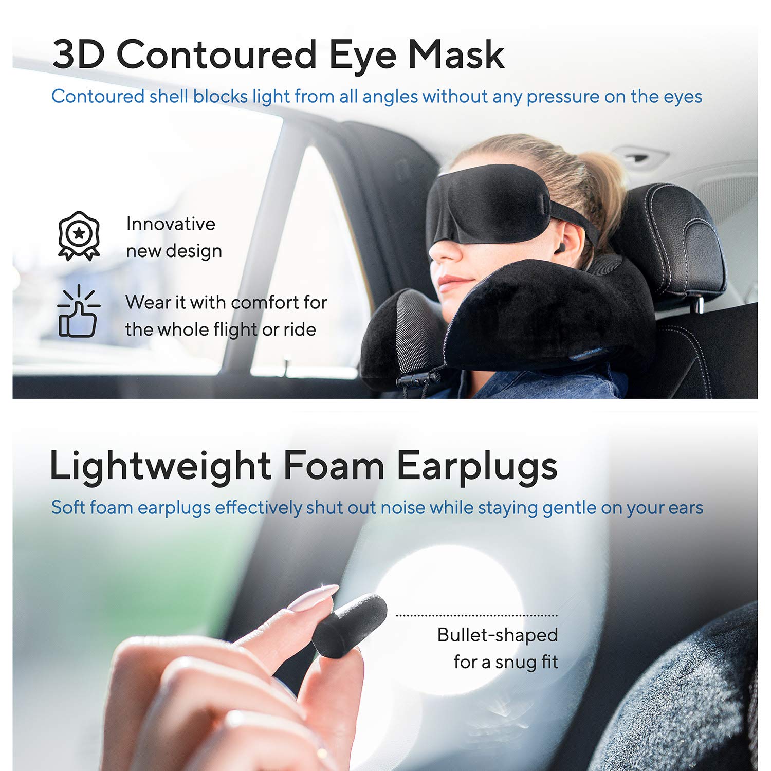 Proglobe Neck Pillow Travel Kit - Neck Pillow for Airplane Travel 100% Pure Memory Foam with Comfortable & Breathable Cover Kit Includes 3D Sleep Mask, Earplugs, and Luxury Blanket and Bag, Black