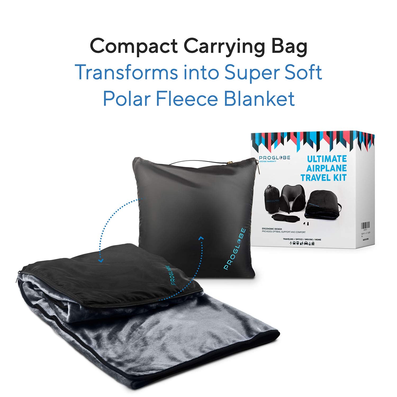 Proglobe Neck Pillow Travel Kit - Neck Pillow for Airplane Travel 100% Pure Memory Foam with Comfortable & Breathable Cover Kit Includes 3D Sleep Mask, Earplugs, and Luxury Blanket and Bag, Black