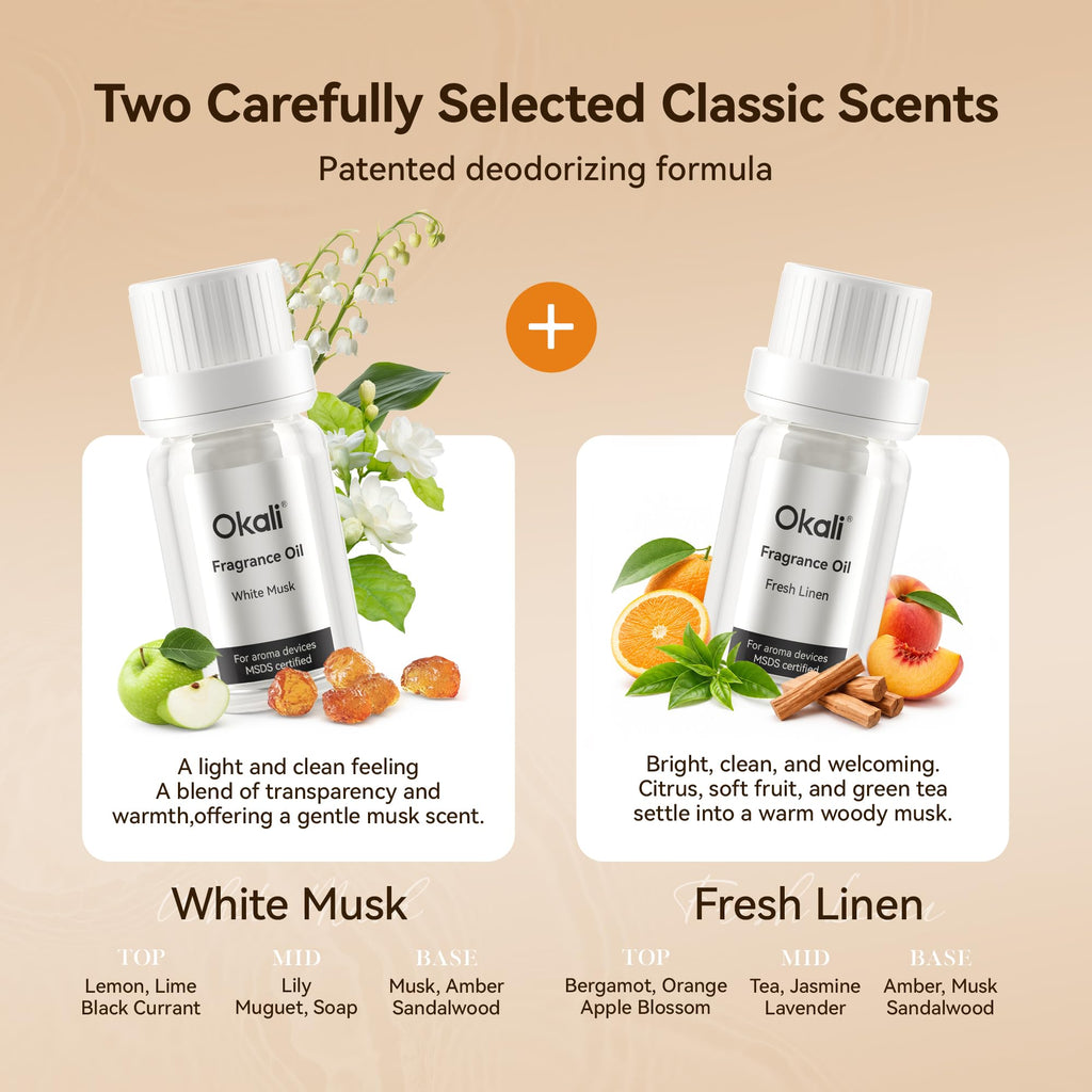 Okali Smart Car Air Fresheners, Support DIY Essential Oil Car Freshener, Strong Fragrance Experience, Auto ON/OFF, Timer Function, Quiet Design, 4000mAh, All-Aluminum Alloy, White Musk & White Tea