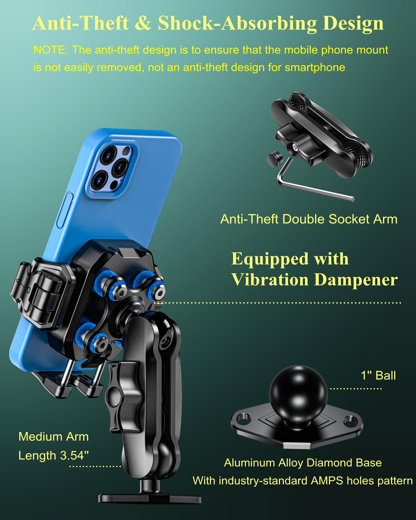 BRCOVAN Anti-Theft Phone Mount Holder with Vibration Dampener, 1s Locking
