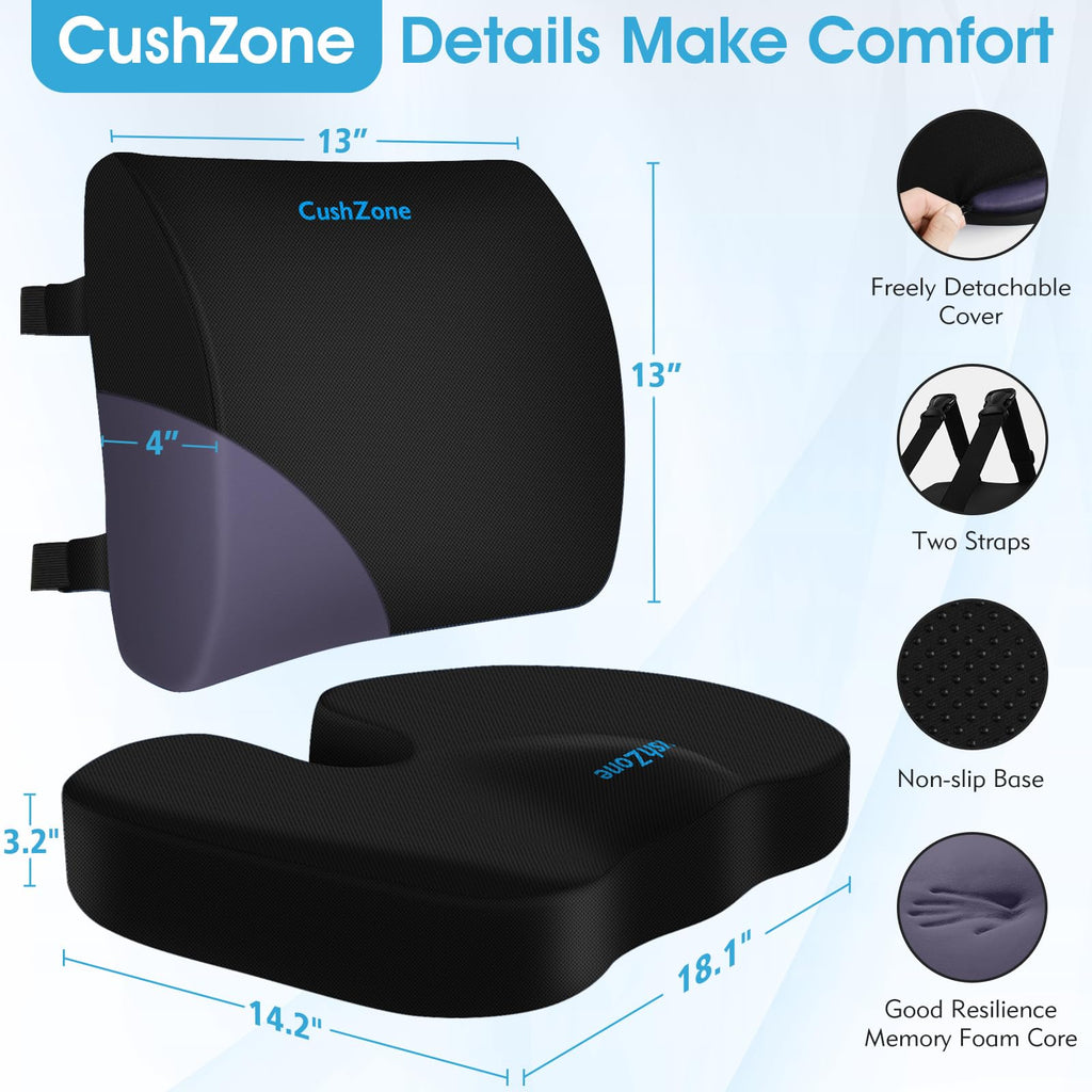 CushZone Ergonomic Seat Cushion & Lumbar Support Pillow - Memory Foam for Sciatica Pain Relief & Posture Correction, Non-Slip Chair Cushions for Office Chair/Car/Travel