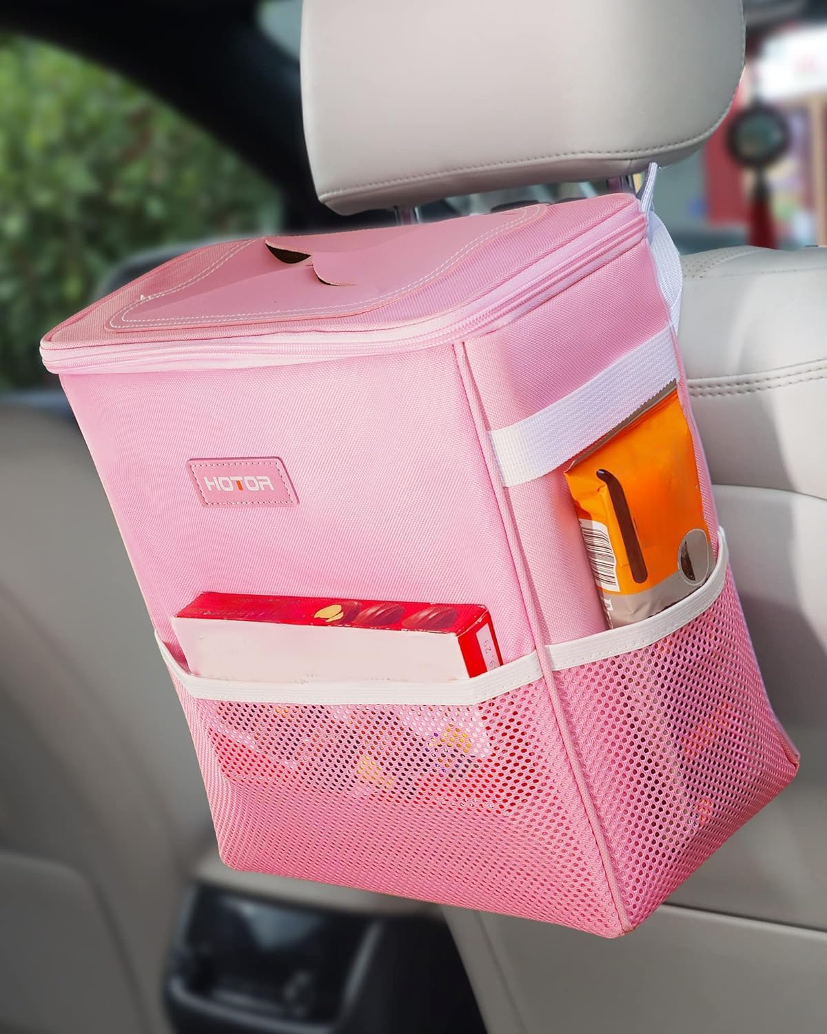 HOTOR Car Trash Can with Lid and Storage Pockets - 100% Leak-Proof Organizer, Waterproof Garbage Can, Multipurpose Trash Bin for Car