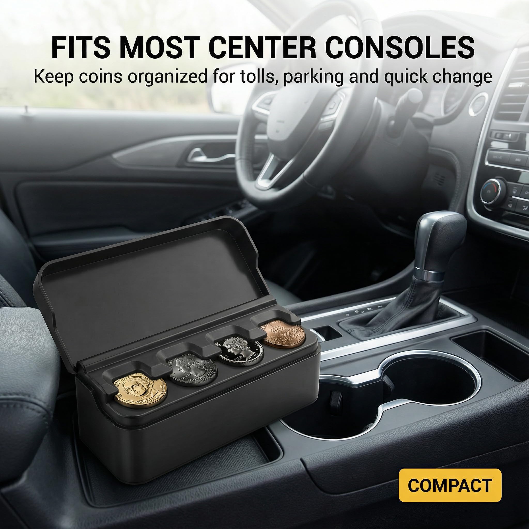 Loniyhu Compact Car Coin Organizer - 4 Compartment Change Holder for Taxi, SUV, Truck - Auto Clamping Coin Case for Quarters, Dimes & Dollars