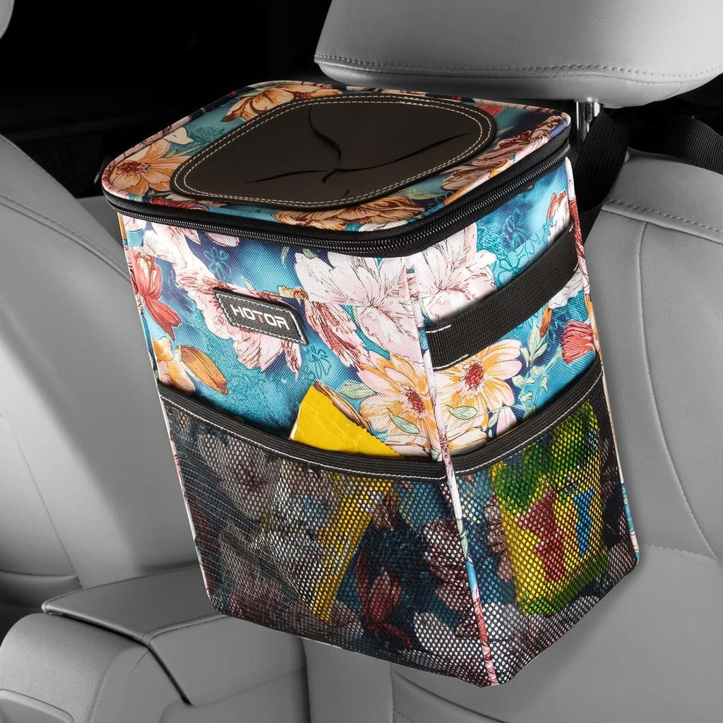 HOTOR Car Trash Can with Lid and Storage Pockets - 100% Leak-Proof Organizer, Waterproof Garbage Can, Multipurpose Trash Bin for Car