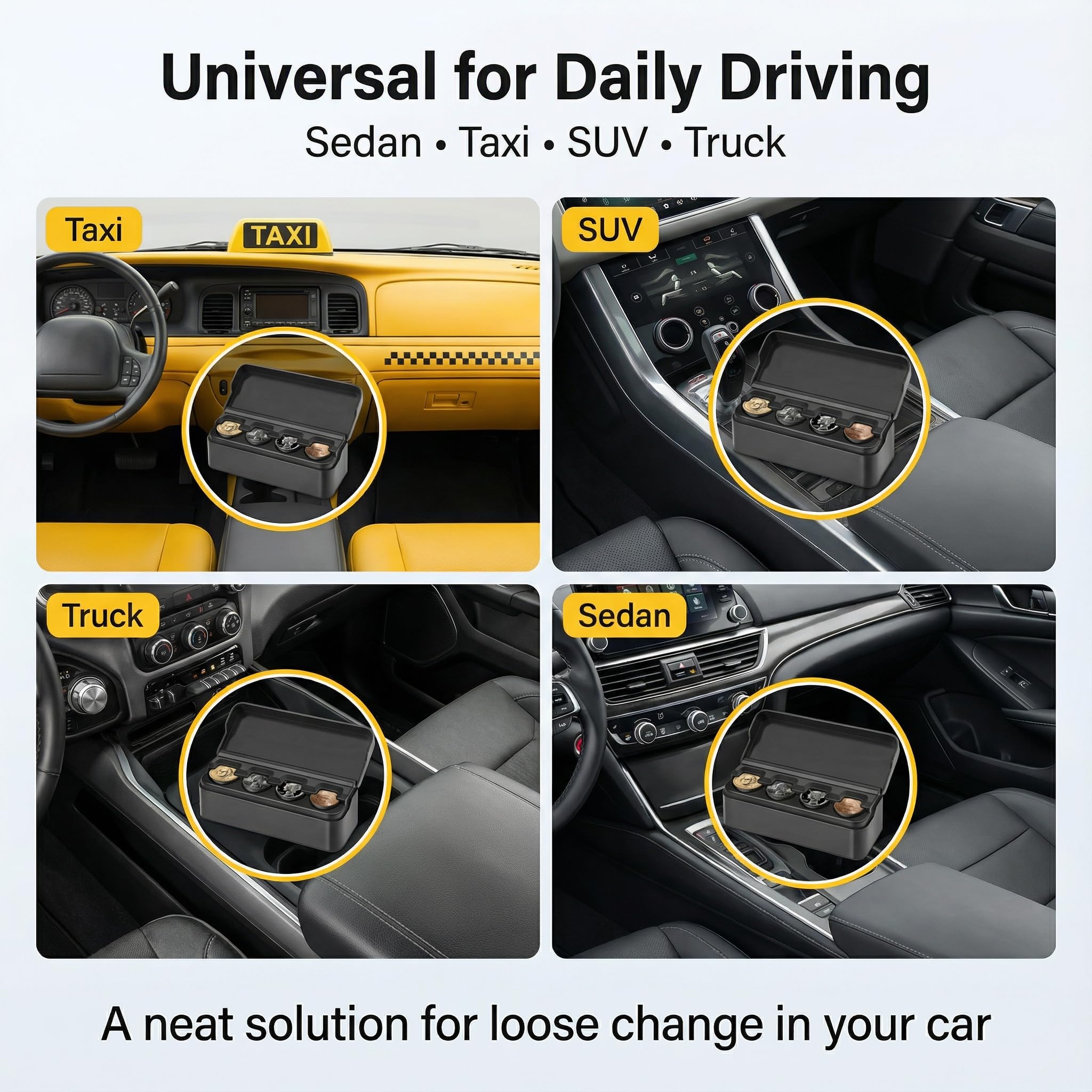 Loniyhu Compact Car Coin Organizer - 4 Compartment Change Holder for Taxi, SUV, Truck - Auto Clamping Coin Case for Quarters, Dimes & Dollars
