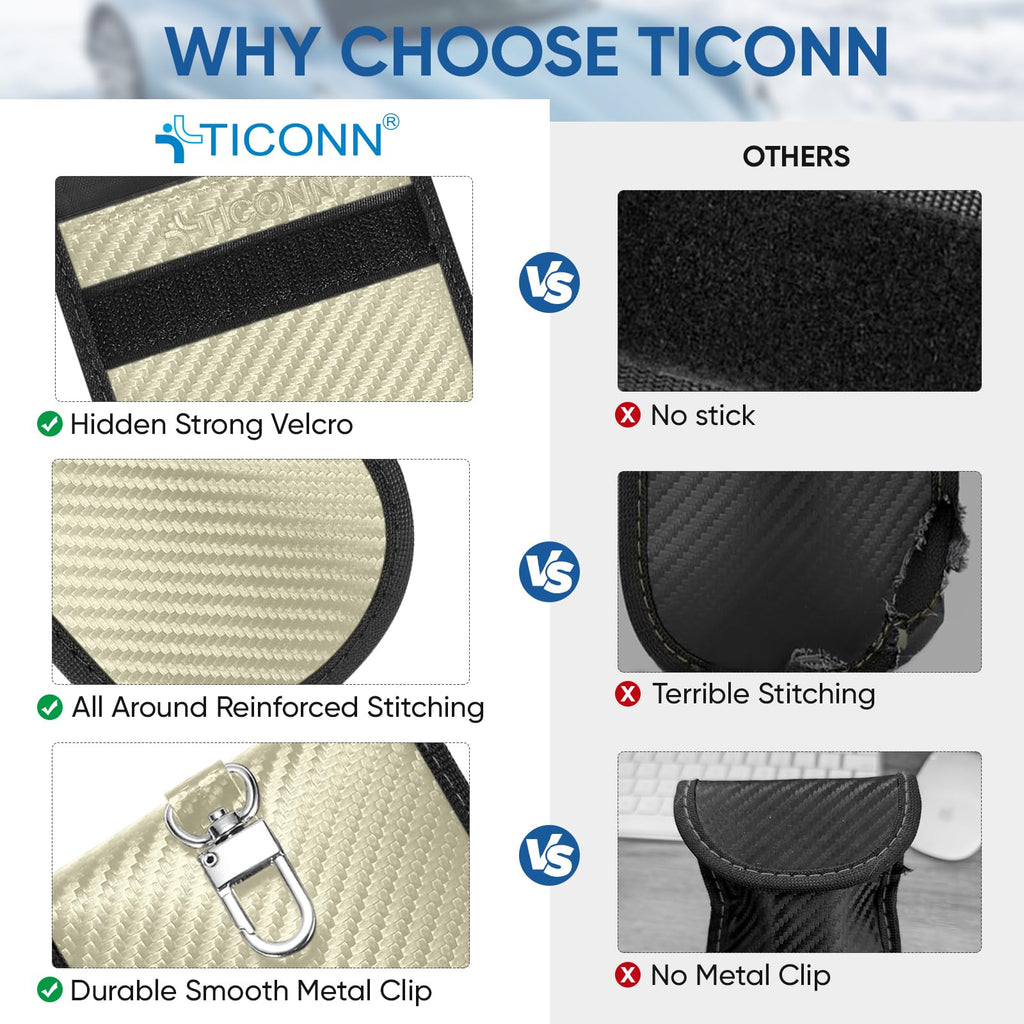 TICONN Faraday Bags for Car Keys Fob, Faraday Cage Protector, Car RFID Signal Blocking, Anti-Theft Pouch Anti-Hacking Case Blocker