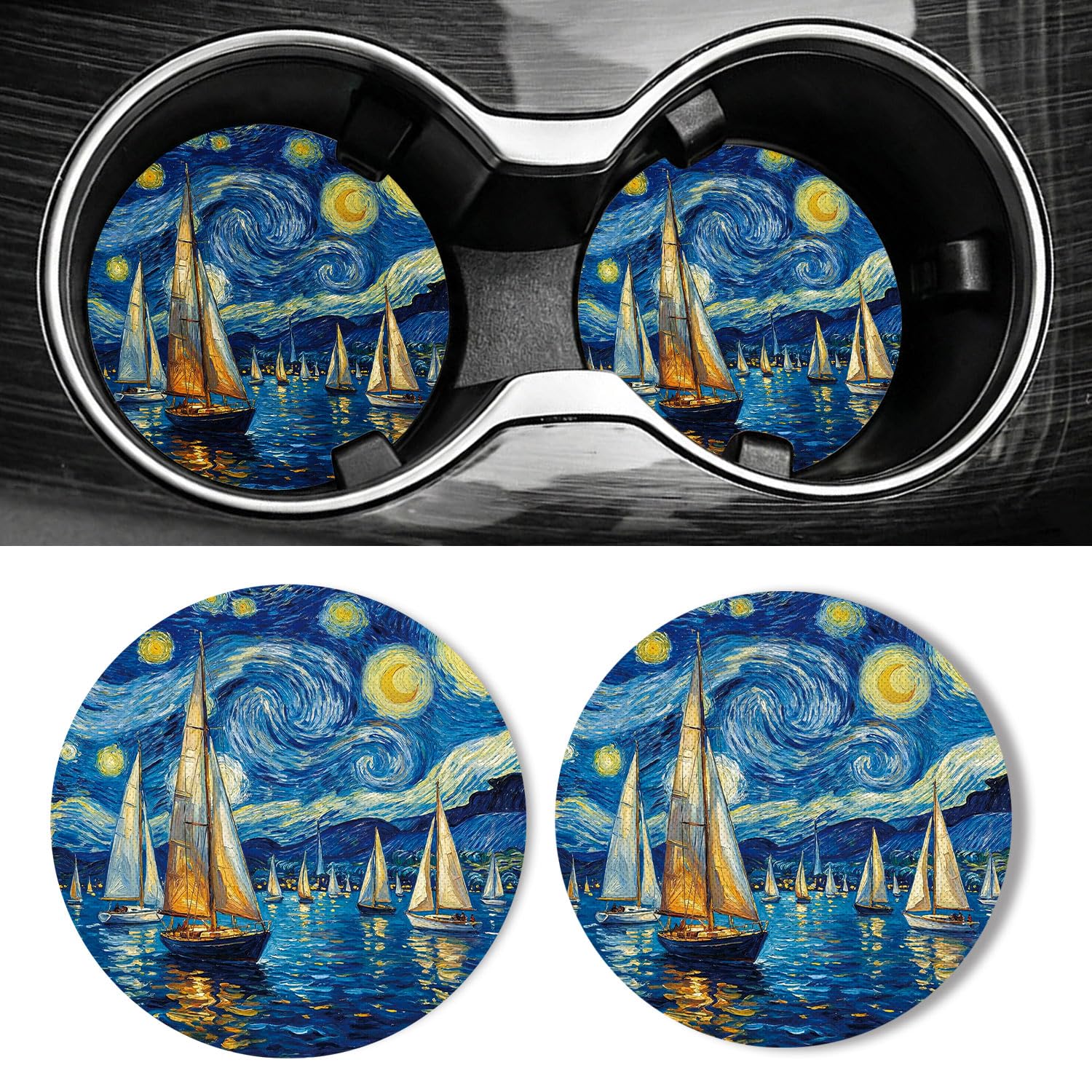 Universal Non-Slip Rubber Car Cup Coasters, 2-Pack