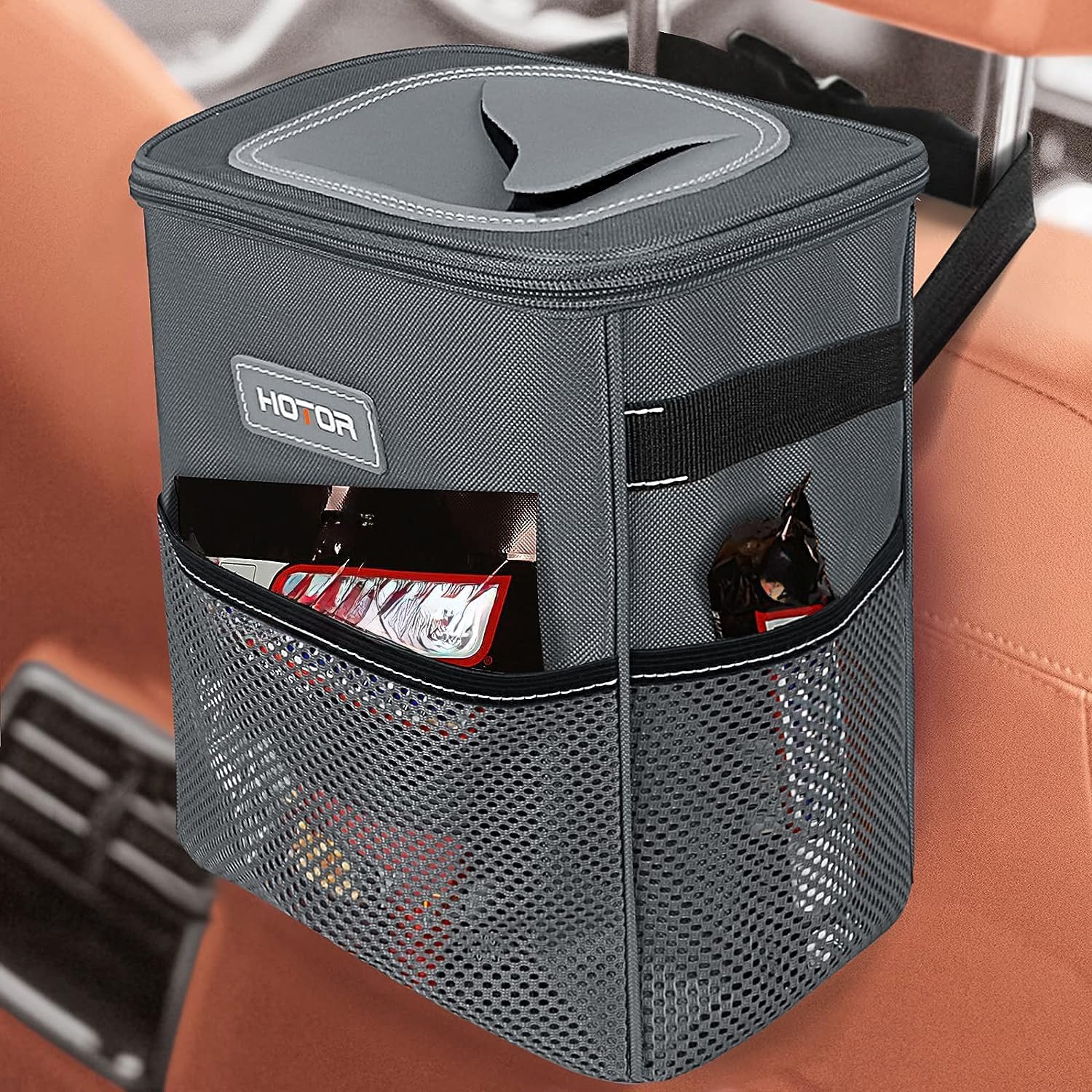 HOTOR Car Trash Can with Lid and Storage Pockets - 100% Leak-Proof Organizer, Waterproof Garbage Can, Multipurpose Trash Bin for Car